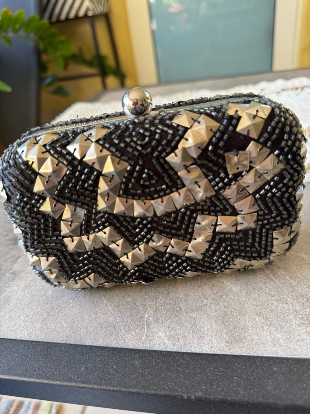 Vintage Juicy Couture Black & Silver Beaded Minaudière Formal Clutch